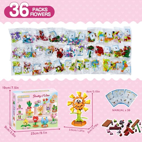 IMCUAMK 36 Packs Valentines Party Favors Building Blocks, Ideal for Kids Classroom Exchange, Flower Bouquets Building Set,...