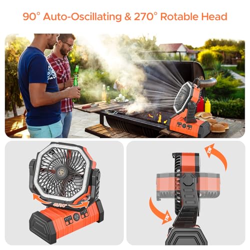Rechargeable Camping Fan with LED Lantern, 20000mAh Auto-Oscillating Battery Operated with Remote/Hook/Timer, 8” Portable ...