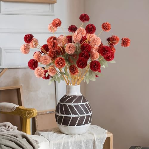 Hananona 12 Pcs Artificial Chrysanthemum Flowers, Orange Kiku Pom Pom Mums Flower Faux Fall Floral for Autumn Halloween Ki...