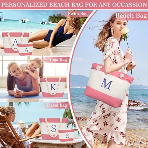 YOOLIFE Beach Bags for Women - Initial Canvas Waterproof Beach Tote Bag, Mothers Day Gifts for Women Mom Wife Friend