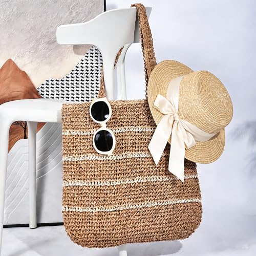 TOFUNTOY Straw Beach Bag for Women Summer Handmade Woven Shoulder Beach Tote Bag Large Capacity Tote Bag for Summer Vacation
