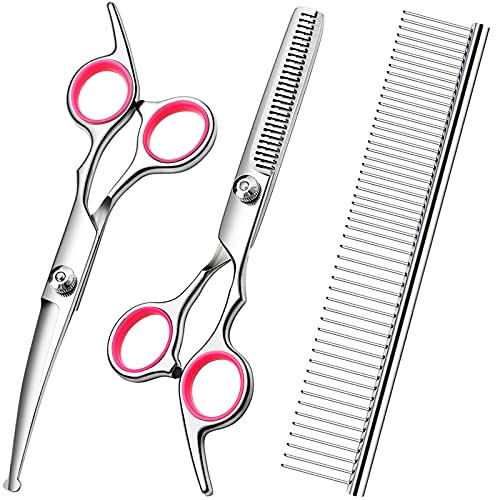 FAIGEO Dog Grooming Scissors with Safety Round Tips Stainless Steel Professional Dog Grooming Kit - Thinning, Curved Sciss...