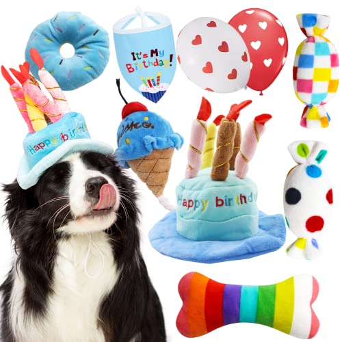 lilfrd Dog Birthday Toy Set, 9Pcs Plush Pet Toy for Small Dogs, Includes Squeaky Cake Hat, Bandana, Dessert Themed Toys, B...