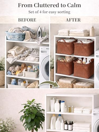 Panovox Hand Woven Baskets for Storage, 4Pcs Water-Resistant Wicker Baskets, Brown Wicker Storage Baskets for Shelves, Lar...
