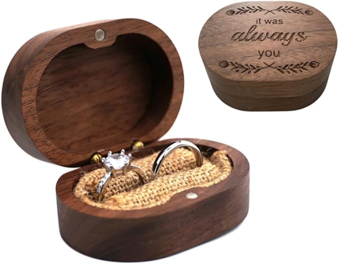 molchagar Ring Box for Wedding Ceremony, 2 Slots Ring Box, It Was Always You Commitment of Love Engraved Wooden Ring Holde...