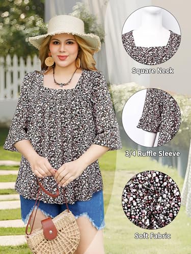 Siddhe Womens Plus Size Tops Loose Fit 3/4 Ruffle Sleeve Blouses Square Neck T Shirt Casual Tunic Tops(1X-5X)