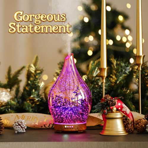 Porseme Essential Oil Diffuser 3D Firework Glass Aromatherapy Ultrasonic Humidifier Rose Gold, Auto Shut-Off, Timer Settin...