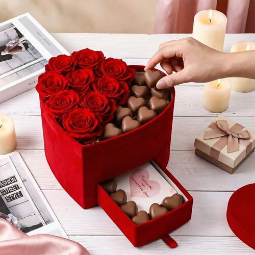 Tinlade Velvet Heart Shaped Gift Box with Lid & Drawer, Red Flower Box for Roses, Heart Treat Boxes for Mother's Day, Vale...