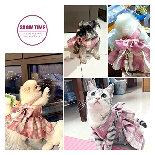 PETCARE Plaid Dog Dress Bow Tie Harness Leash Set for Small Dogs Cats Girl Cute Princess Dog Dresses Spring Summer Puppy B...