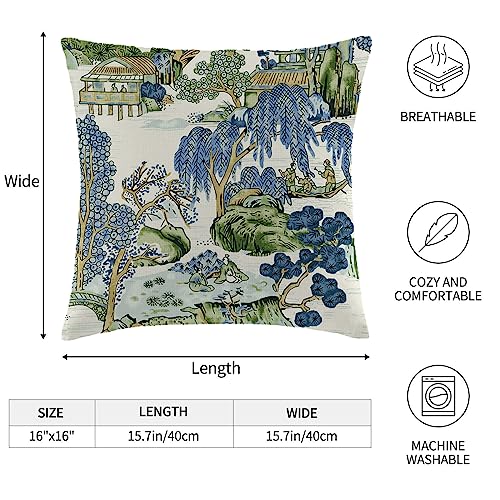 Wsunsal Chinoiserie Pillow Covers 16x16 Inch Set of 2, Asian Scenic Blue and Kelly Green Throw Pillows Farmhouse Chinoiser...