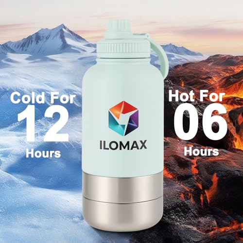ILOMAX 3-in-1 Stainless Steel Dog Travel Water Bottle with Food & Water Bowls, Leak-Proof & Insulated, Extra Magnetic Lid,...