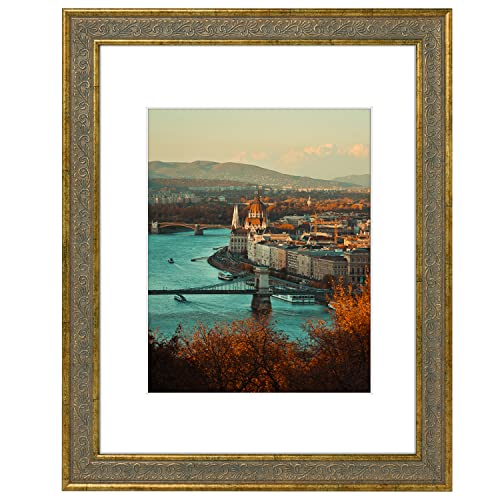 Golden State Art, 11X14 Ornate Finish Photo Frame with White Mat for 8x10 Picture & Real Glass. Color: Distressed Gold