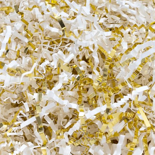 Wowxyz 2 LB Crinkle Cut Paper Shred White & Gold Gift Box Filler - Baskets Stuffing Shredded Paper Confetti for Christmas,...