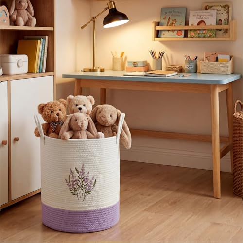Honeydak Purple Lavender Cotton Rope Laundry Basket Hamper Large Floral Embroidery Tall Basket with Handle Foldable Round ...