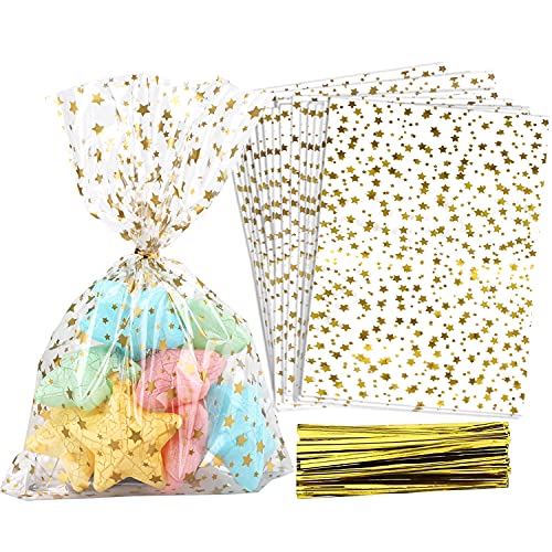 COQOFA 100 Pcs Star Printed 5"X 7" Gift Wrap Cello Cellophane Treat Bags Party Favor bags Clear Candy Cookie Bag Plastic P...