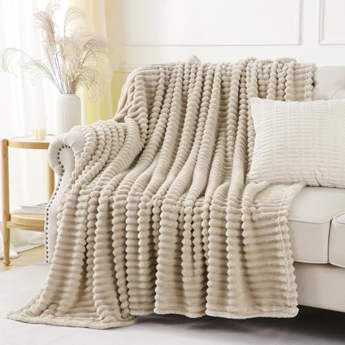 YIICKO Khaki Throw Blanket for Couch Sofa 50x60 inches Striped Fleece Blankets Room Home Decor Lightweight Plush Soft Cozy...