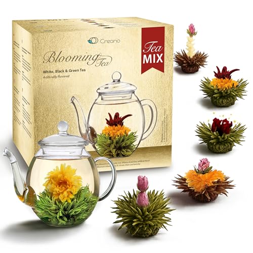 Creano Tea Flowers Mix Golden Gift Set Blooming Tea with Glass Teapot White, Green & Black Tea in 6 Varieties Tea Flower B...