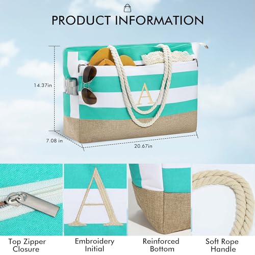 YOOLIFE Large Initial Beach Bag Waterproof Tote Zipper Bag Personalized Gifts for Women Her Birthday Travel Beach Essential