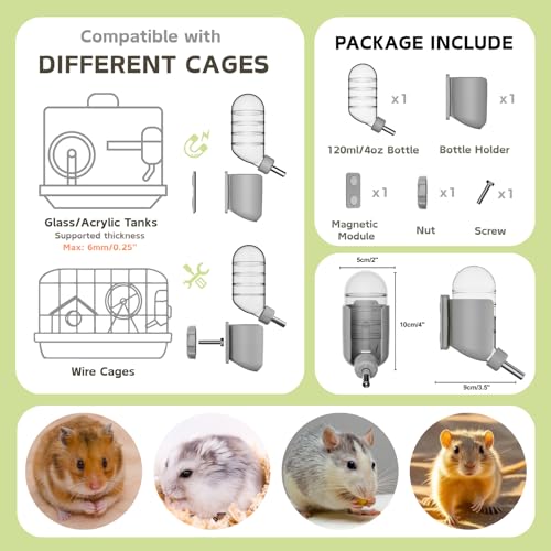 Hamster Water Bottle with Magnetic Holder, Freestanding Water Bottle for Glass Tanks, Suitable for Syrian Dwarf Hamsters G...