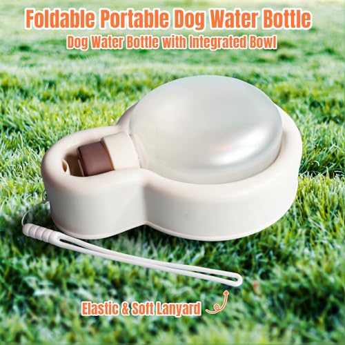 Bigpomelos Dog Water Bottle (Foldable Portable) - Cream White 16.9oz Food-Grade Pet Water Dispenser with Bowl, for Dog Wal...