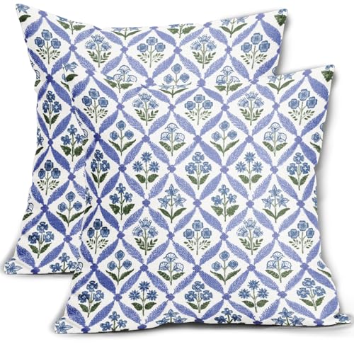 Smozenith Blue Green Floral Block Print Pillow Covers 18X18 Set of 2, Flower Pattern Spring Summer Print Decorative Throw ...