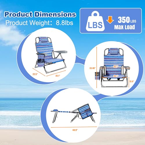 DIAMONDFORGE Lightweight Portable Beach Chair for Adults, 350 LBS Capacity Backpack Beach Chair, Reclining Beach Chair wit...