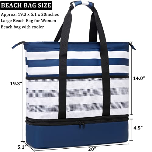JIANYA Beach Bag Women Waterproof Sandproof Beach Tote Bags with Cooler Top Zipper Large Totes for Pool Travel Daily