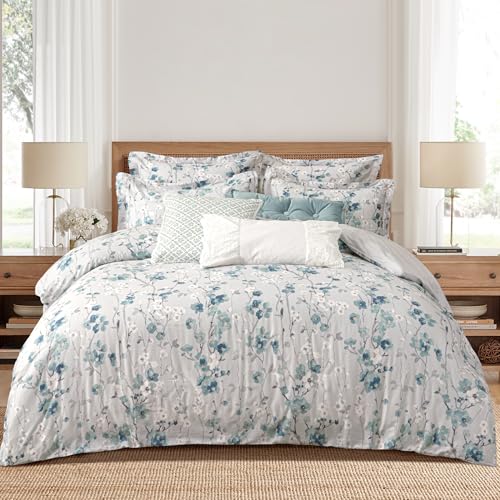 Levtex Home - Florina Comforter Set - Floral - Teal Blue Grey White - Comforter (106 x 94in.) and Two Pillow Cases (36 x 2...
