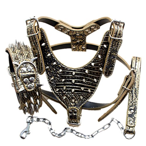 Bbmmayy Leather Spiked Dog Harness and Collar Set - Suitable for Large Breeds Bull Terriers, Dobermans - Durable Leather H...
