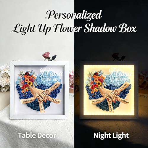 Custom Mom Flower Shadow Box with Kids Names, Mommy Holding Hands Flower Frame, Personalized Gifts for Mom from Daughter S...