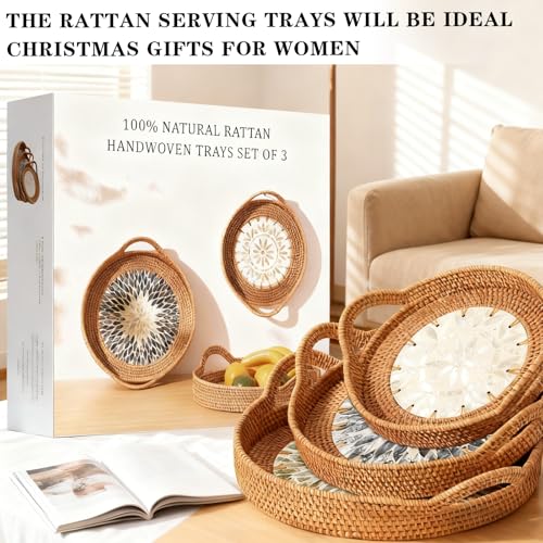 Mothers Day Gifts Set – 3 Handwoven Rattan Trays with Natural Shell Inlay, Boho Decorative Wicker Serving & Coffee Table T...
