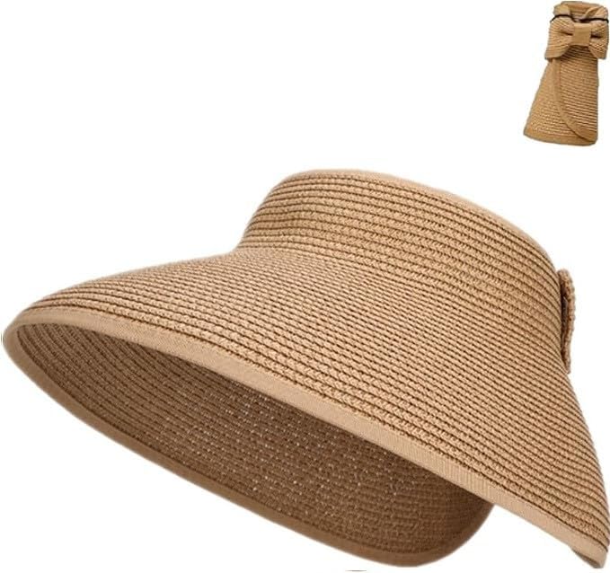 Sun Visors for Women Wide Brim Beach Hat Foldable Straw Visor Hat Ponytail Summer Packable