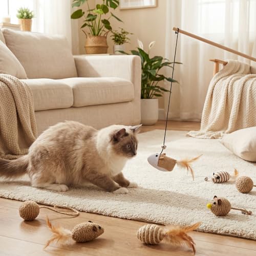 Leitee 20pcs Cat Interactive Toys Set Wooden Cats Teaser Wand Toy with Feather Handle Chew Rope Mouse Sisal Balls with Bel...