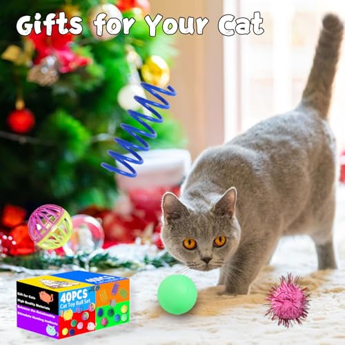 Flashine Cat Toys for Indoor Cats 40 PCS Kitten Toys Cat Interactive Toys Pack Including Cats Springs Sparkle Ball Pom Pom...