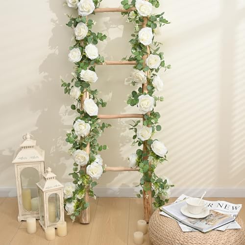 Dolicer 4Pcs 26Ft Artificial Eucalyptus Garlands with Flowers - 8 Roses, Faux Floral Greenery Garlands Fake Flowers Vines ...