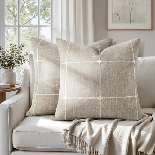 HOMEIDEAS Decorative Plaid Throw Pillow Covers 20x20 Set of 2, Tan Farmhouse Pillow Covers, Neutral Faux Linen Cushion Cov...