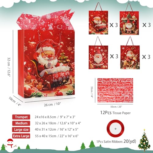 Rusikia 12 Christmas Gift Bags with 12 Tissues and 1 Satin Ribbon, Red Party Favor Bags Bulk with Handles, Glittery Cute B...