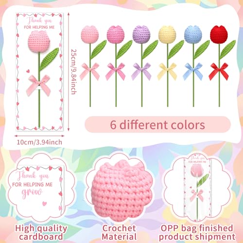 Wavwavw 6 Sets Teacher Appreciation Week Gifts Bulk Positive Handmade Tulip Crochet Flower Thank You for Helping Me Grow F...