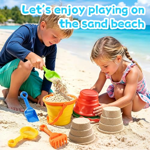 Collapsible Beach Toys for Kids,2 Packs Foldable Silicone Sand Buckets Set with 4 Packs Sand shovels and Mesh Bag,Travel B...
