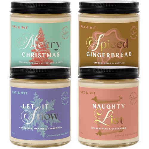 Wax & Wit Christmas Candles Gift Set Scented, Winter Holiday Set of 4 Pack Candle - Natural Coconut Soy Candles, 180+ Hr B...