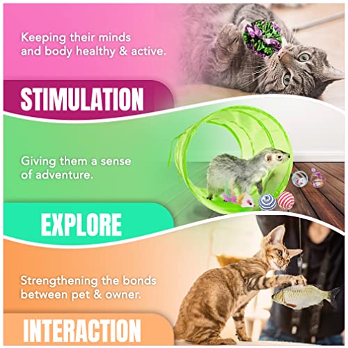 SunGrow Cat Tunnel and Assorted Activity Variety Pack, Interactive Kitten Accessories, for Indoors, Teaser Wand, Crinkle B...