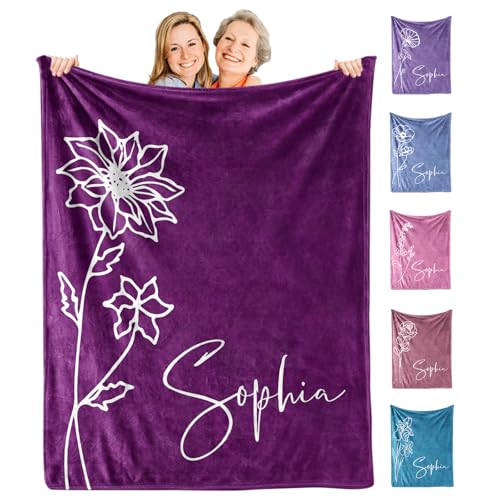 KUKULIKI Mothers Day Personalized Gifts for Mom, Custom Blanket with Name and Birth Month Flowers, Personalized Blankets f...