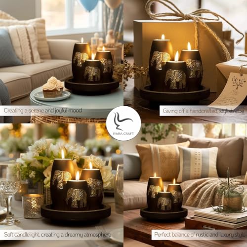 IYARA CRAFT Elephant Candle Holder Set – 3 Handmade Wood Tealight Holders with Tray, Rustic Black Home Décor, Cozy Holiday...