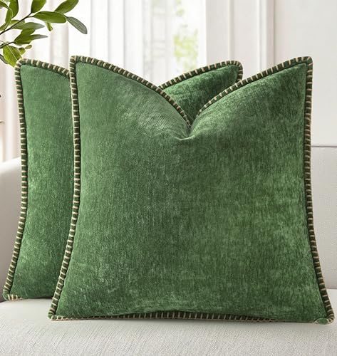 decorUhome Chenille Soft Cozy Throw Pillow Covers 18x18 Set of 2, Modern Farmhouse Boho Velvet Decorative Pillow Cases wit...