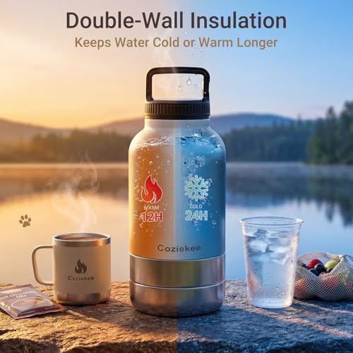 3-in-1 Dog Water Bottle Portable, 32oz Insulated Stainless Steel Pet Water Dispenser with 2 Detachable Travel Dog Bowls fo...