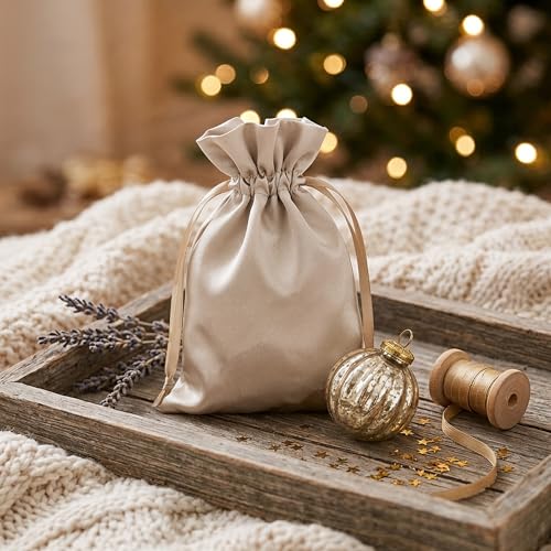 Knitial 50 Pack 3" x 4" Champagne Satin Gift Bags with Drawstring, Mini Jewelry Pouches, Wedding Favor Bags for Baby Showe...