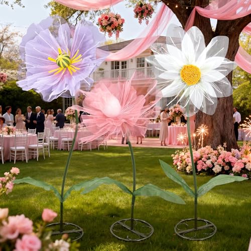 Leinuosen 3 Pcs Giant Flowers for Decoration 5.6 ft Large Organza Flowers with Stand for Spring Tea Bridal Shower Wedding ...