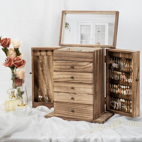 Emfogo Wooden Jewelry Box for Women, 6-Tier Large Jewelry Organizer Boxes with Mirror Rustic Solid Wood jewlery Storage Di...