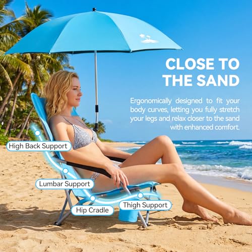 Folding Beach Chair with Umbrella, Low Profile Portable Sand Chair for Adults, Breathable Mesh Beach Seat with Cup Holder,...