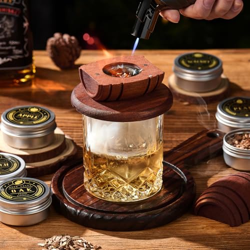 Whiskey Smoker Kit with Torch - 6 Flavors Wood Chips, 2 Glasses, 2 Ice Ball Molds - Cocktail Smoker Infuser Kit, Old Fashi...